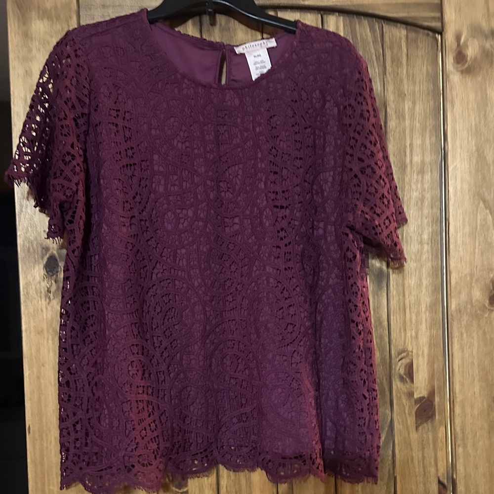Philosophy Burgundy Crochet Lace Short Sleeve Blouse